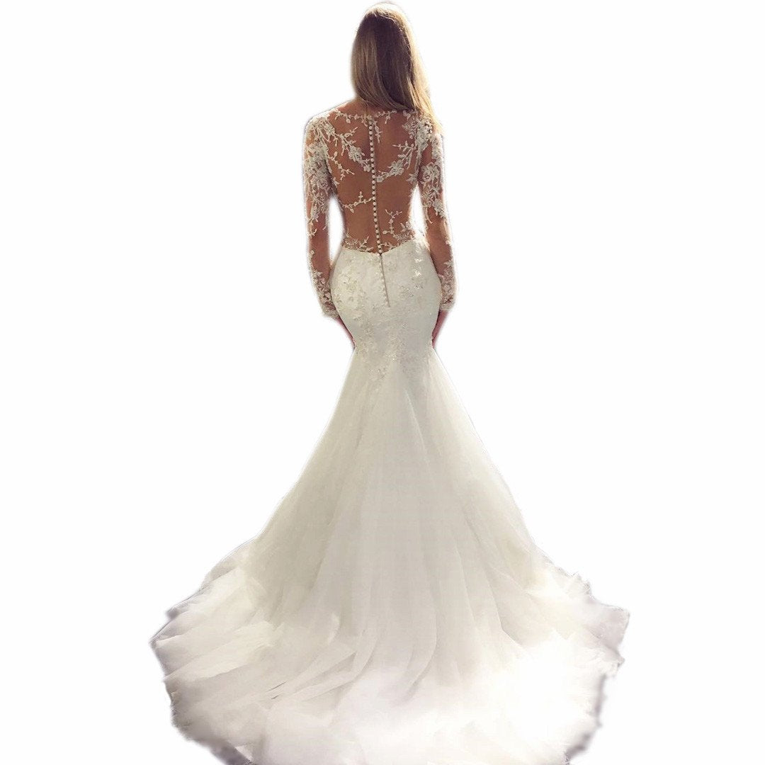 Long Sleeves Mermaid Wedding Dresses Lace Appliques