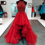 Load image into Gallery viewer, Beaded Halter Organza Ruffles High Low Prom Dresses
