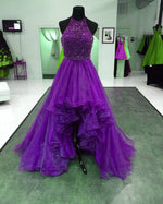 Cargar imagen en el visor de la galería, Beaded Halter Organza Ruffles High Low Prom Dresses
