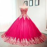 Afbeelding in Gallery-weergave laden, Gold Lace Sweetheart Tulle Ball Gowns Quinceanera Dresses
