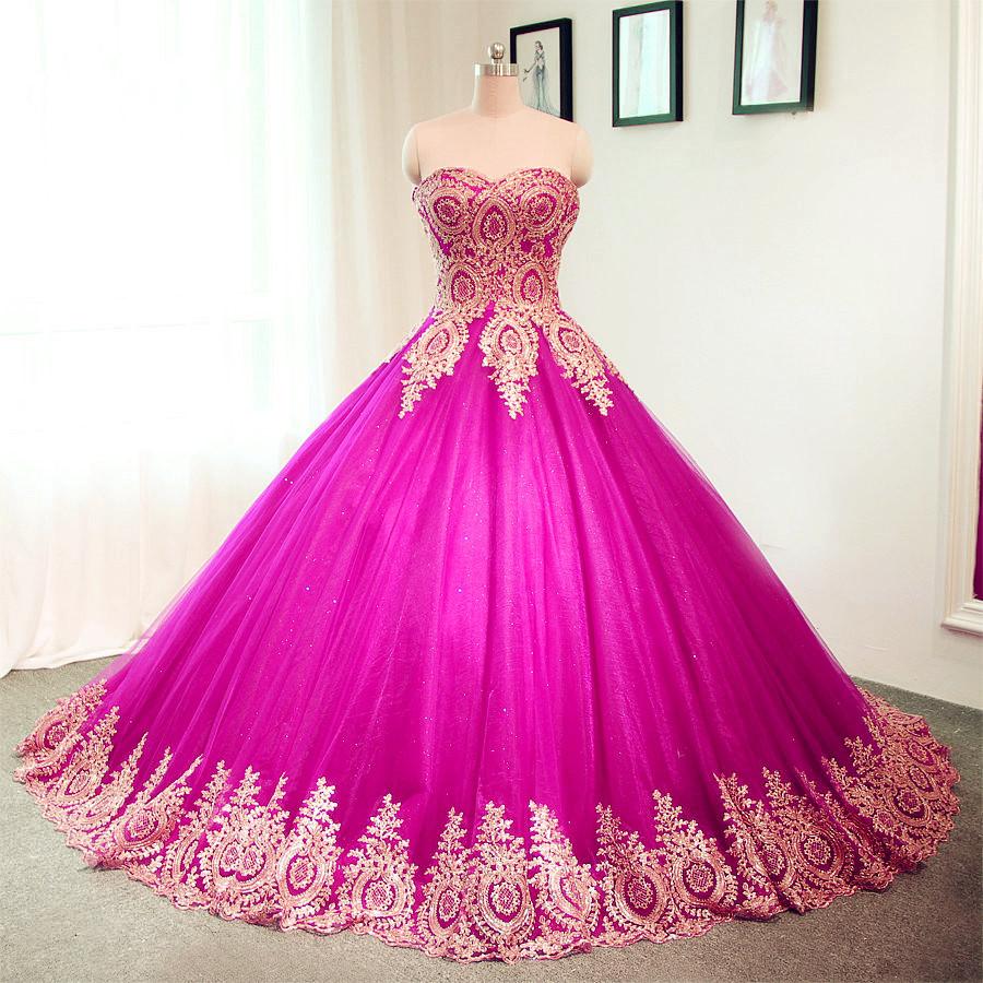 Gold Lace Sweetheart Tulle Ball Gowns Quinceanera Dresses