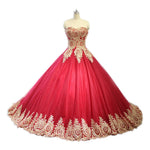 Load image into Gallery viewer, Gold Lace Sweetheart Tulle Ball Gowns Quinceanera Dresses
