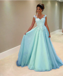 Tulle Floor Length Prom Dresses Lace Appliques