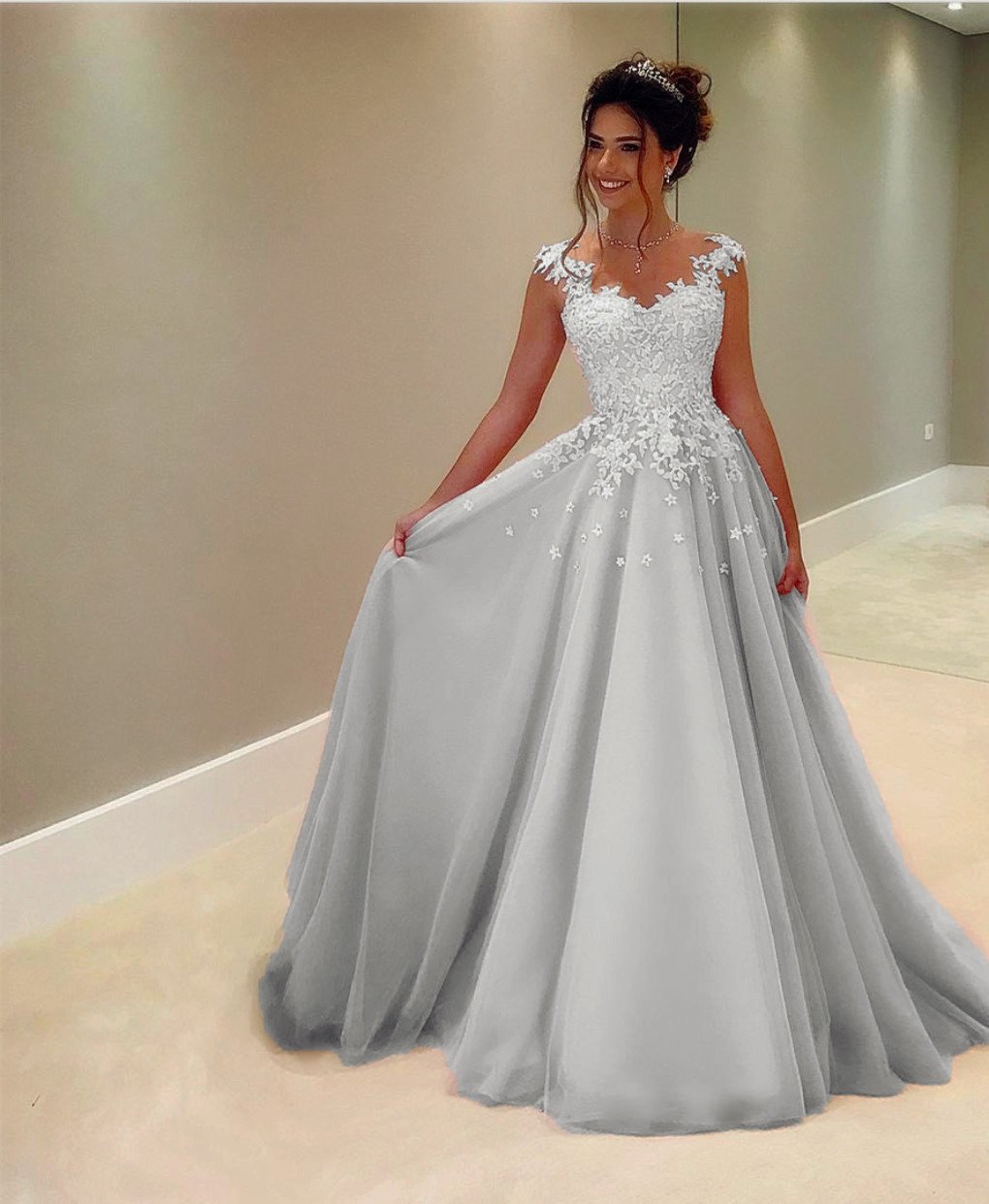 Tulle Floor Length Prom Dresses Lace Appliques