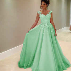Tulle Floor Length Prom Dresses Lace Appliques