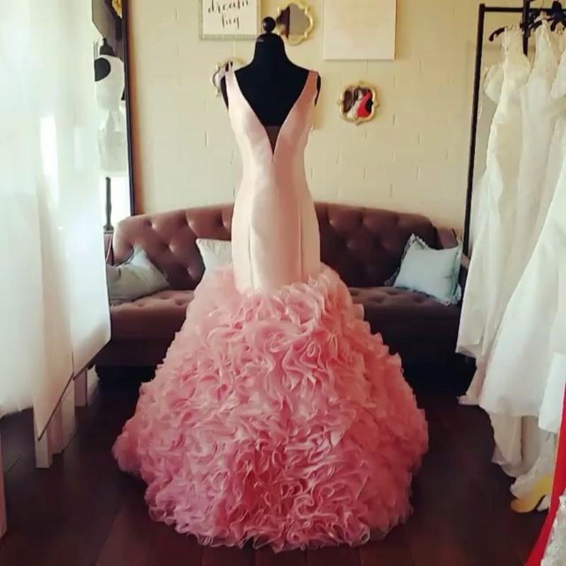 Blush Pink Mermaid Prom Dresses V Neck Organza Ruffles 2017 New Arrival