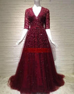 Load image into Gallery viewer, modest half sleeves long burgundy evening dresses with lace and crystal beaded
