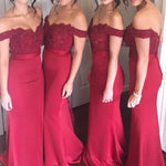 Load image into Gallery viewer, Lace Appliques Off The Shoulder Long Jersey Mermaid Bridesmaid Dresses
