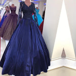 Load image into Gallery viewer, Navy Blue Satin Ball Gown Prom Dresses Lace Long Sleeves
