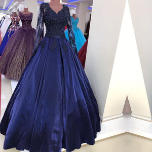 Navy Blue Satin Ball Gown Prom Dresses Lace Long Sleeves