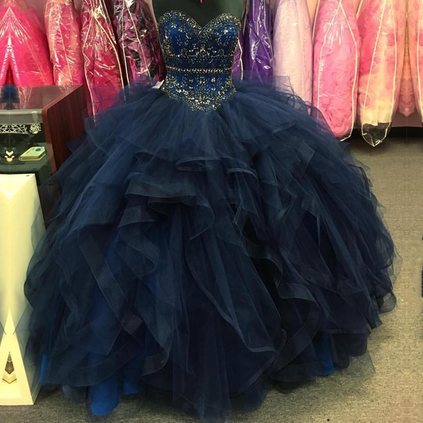 beaded sweetheart organza ruffle snavy blue quinceanera dresses ball gowns