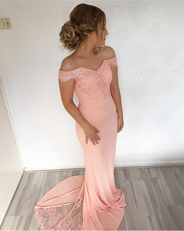 Mermaid Sweep Train Off Shoulder Prom Dresses Lace Appliques