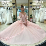 Cargar imagen en el visor de la galería, Pink Lace Appliques Ball Gowns Quinceanera Dresses Long Sleeves
