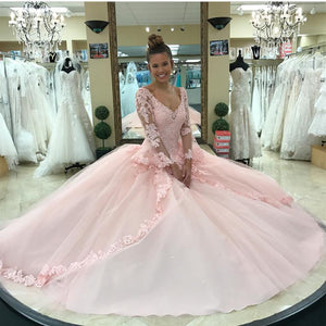 Pink Lace Appliques Ball Gowns Quinceanera Dresses Long Sleeves