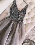 Load image into Gallery viewer, Luxurious Sequins Beaded V-neck Tulle Homecoming Dresses Short Party Dress
