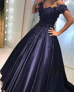 Load image into Gallery viewer, Elegant Satin Ball Gow Prom Dresses Lace Off The Shoulder
