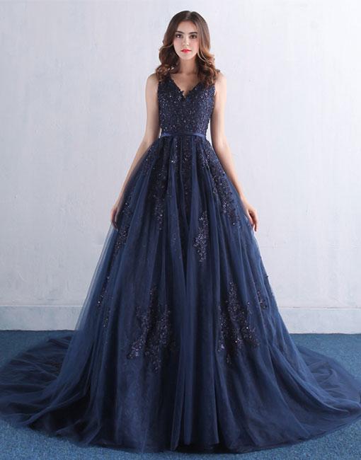 navy-blue-evening-dresses-tulle-prom-long-dresses-elegant
