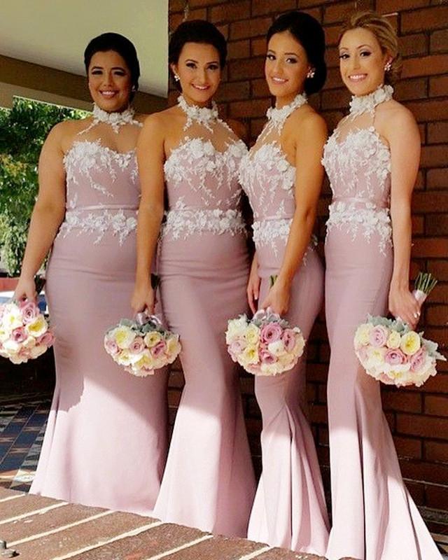 Stunning Flowers Beaded Lace Embroidery Mermaid Halter Bridesmaid Dress