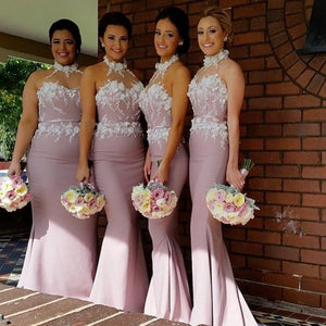 Stunning Flowers Beaded Lace Embroidery Mermaid Halter Bridesmaid Dress