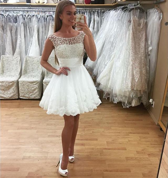 White Lace Homecoming Dresses Pearl Beading