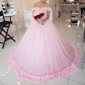 Pink Tulle Flower Wedding Dresses Ball Gowns With Off Shoulder