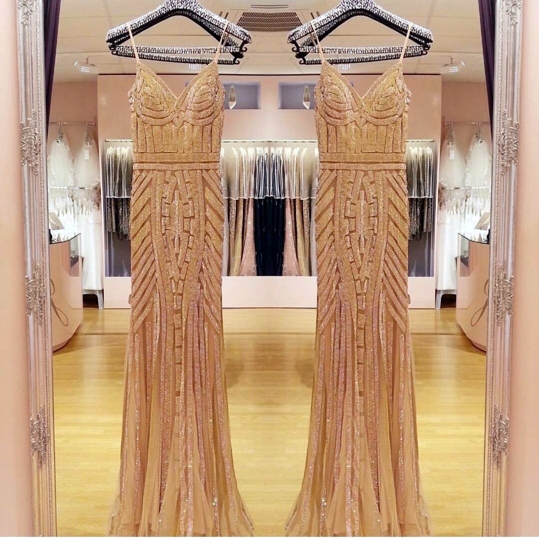 Golden Beaded V Neck Nude Tulle Mermaid Evening Dresses 2017