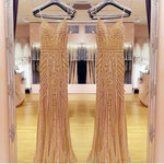Load image into Gallery viewer, Golden Beaded V Neck Nude Tulle Mermaid Evening Dresses 2017

