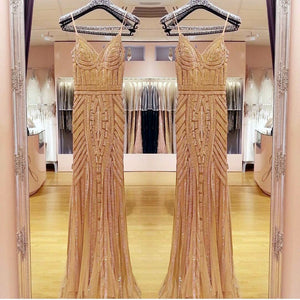 Golden Beaded V Neck Nude Tulle Mermaid Evening Dresses 2017