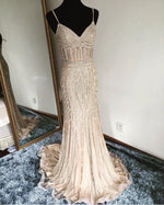 Load image into Gallery viewer, Golden Beaded V Neck Nude Tulle Mermaid Evening Dresses 2017
