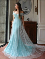 Cargar imagen en el visor de la galería, elegant tulle mermaid off shoulder prom dresses lace appliques
