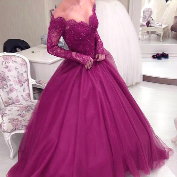Illusion Scoop Neckline Lace Long Sleeves Ball Gowns Prom Dresses