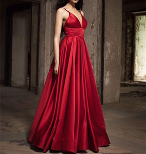 Sexy Long Satin V-neck Prom Dresses 2018 Evening Gowns
