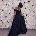 Load image into Gallery viewer, Elegant Lace Appliques V-neck Off-the-shoulder Floor Length Satin Evening Dresse

