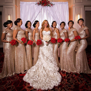 Silver Sequin Cap Sleeves Bridesmaid Dresses Floor Length