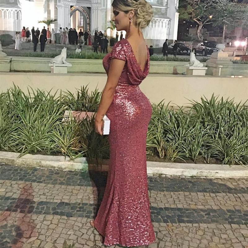 Long Sequin Cap Sleeves Draped Back Mermaid Bridesmaid Dresses