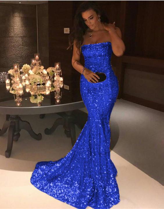Long Gold Sequins Strapless Prom Dress Mermaid Evening Gowns