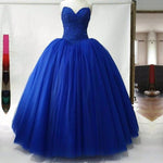 Afbeelding in Gallery-weergave laden, Strapless Royal Blue Tulle Ball Gowns Quinceanera Dress Lace Appliques Bodice Corset
