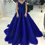 Load image into Gallery viewer, Elegant Lace Straps V Neck Tulle Royal Blue Wedding Dresses Ball Gowns
