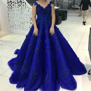 Elegant Lace Straps V Neck Tulle Royal Blue Wedding Dresses Ball Gowns