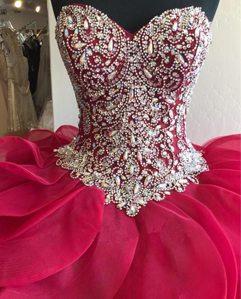 Gorgeous Crystal Beaded Bodice Corset Organza Ruffles Quinceanera Dresses Ball Gowns