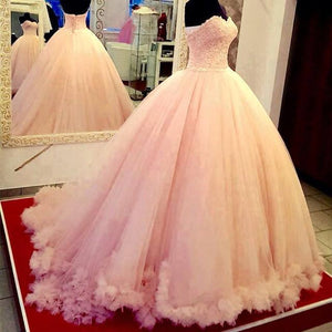 Pink Lace Appliques Sweetheart Tulle Quinceanera Dresses Ball Gowns