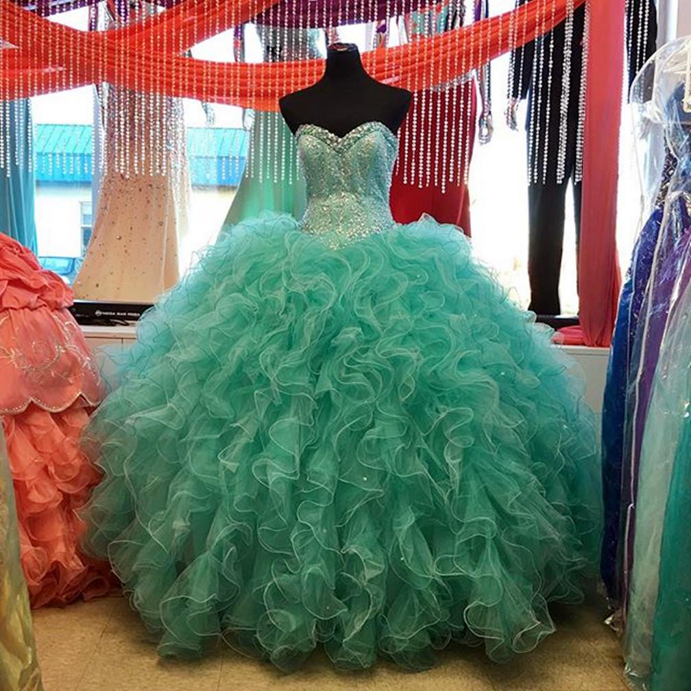 Lovely Beaded Organza Ruffles Turquoise Quinceanera Dresses Ball Gowns