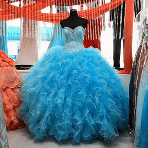 Lovely Beaded Organza Ruffles Turquoise Quinceanera Dresses Ball Gowns