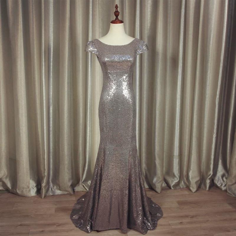 Silver Sequin Cap Sleeves Bridesmaid Dresses Floor Length
