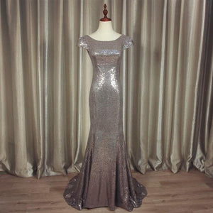 Silver Sequin Cap Sleeves Bridesmaid Dresses Floor Length