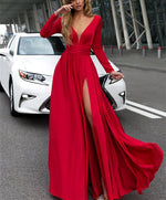 Load image into Gallery viewer, Red-Prom-Dresses-Long-Sleeves-Evening-Gowns-Leg-Split
