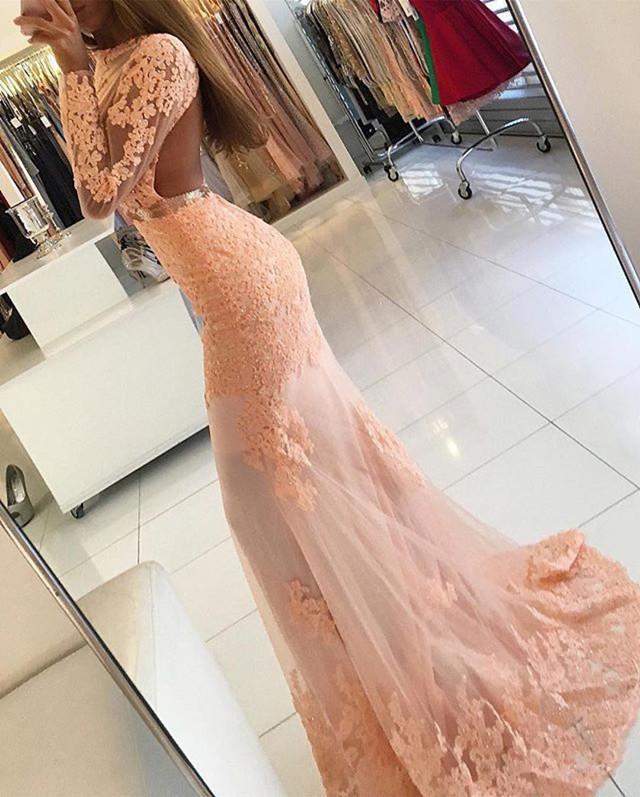 Long Sleeves Open Back Lace Mermaid Prom Dresses