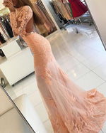 Afbeelding in Gallery-weergave laden, Long Sleeves Open Back Lace Mermaid Prom Dresses
