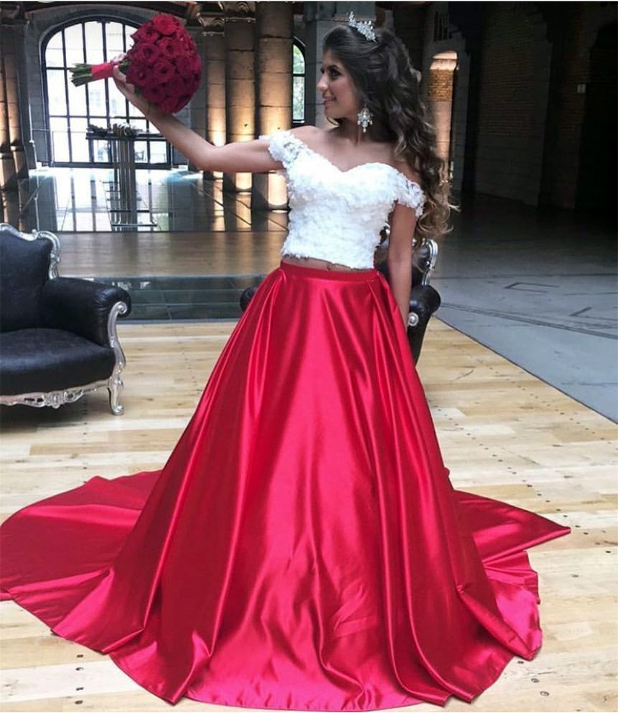White Lace Crop Long Satin Two Piece Prom Dresses