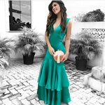 Load image into Gallery viewer, V Neck Ruffles Skirt Long Green Satin Mermaid Bridesmaid Dresses
